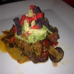 Filet Mignon with Bell Pepper Haystack and Fresh Guacamole Served with Corn Chips