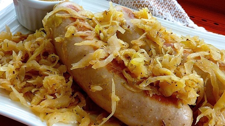 Beer Glazed Brats and Sauerkraut