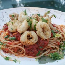 Spaghetti With Spicy Tomato Sauce & Fried Calamari