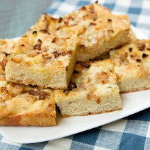 Focaccia With Caramelized Onions, Pear, & Gorgonzola Cheese